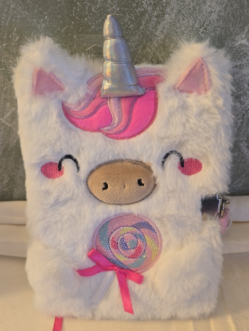 Claire's White & Pink Unicorn Fuzzy Kids Locked & Key Journal Lollipop Design